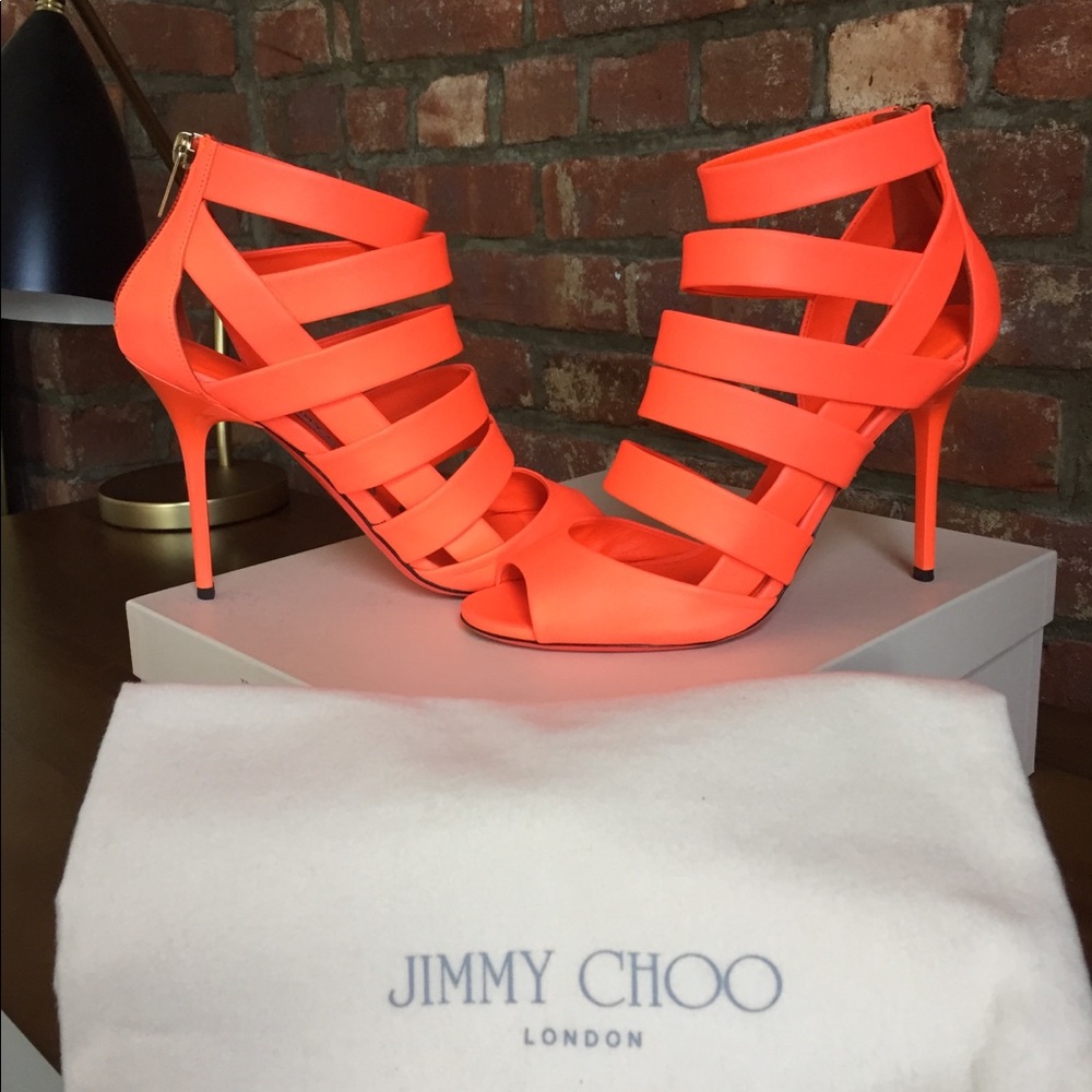 JIMMY CHOO Dame Caged Leather Sandal, Neon Flame